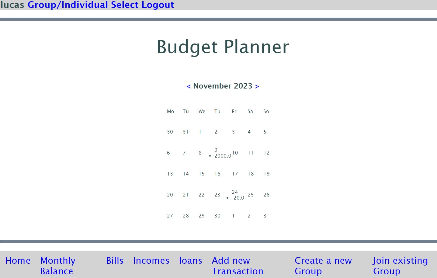 Budget App Calendar Screen