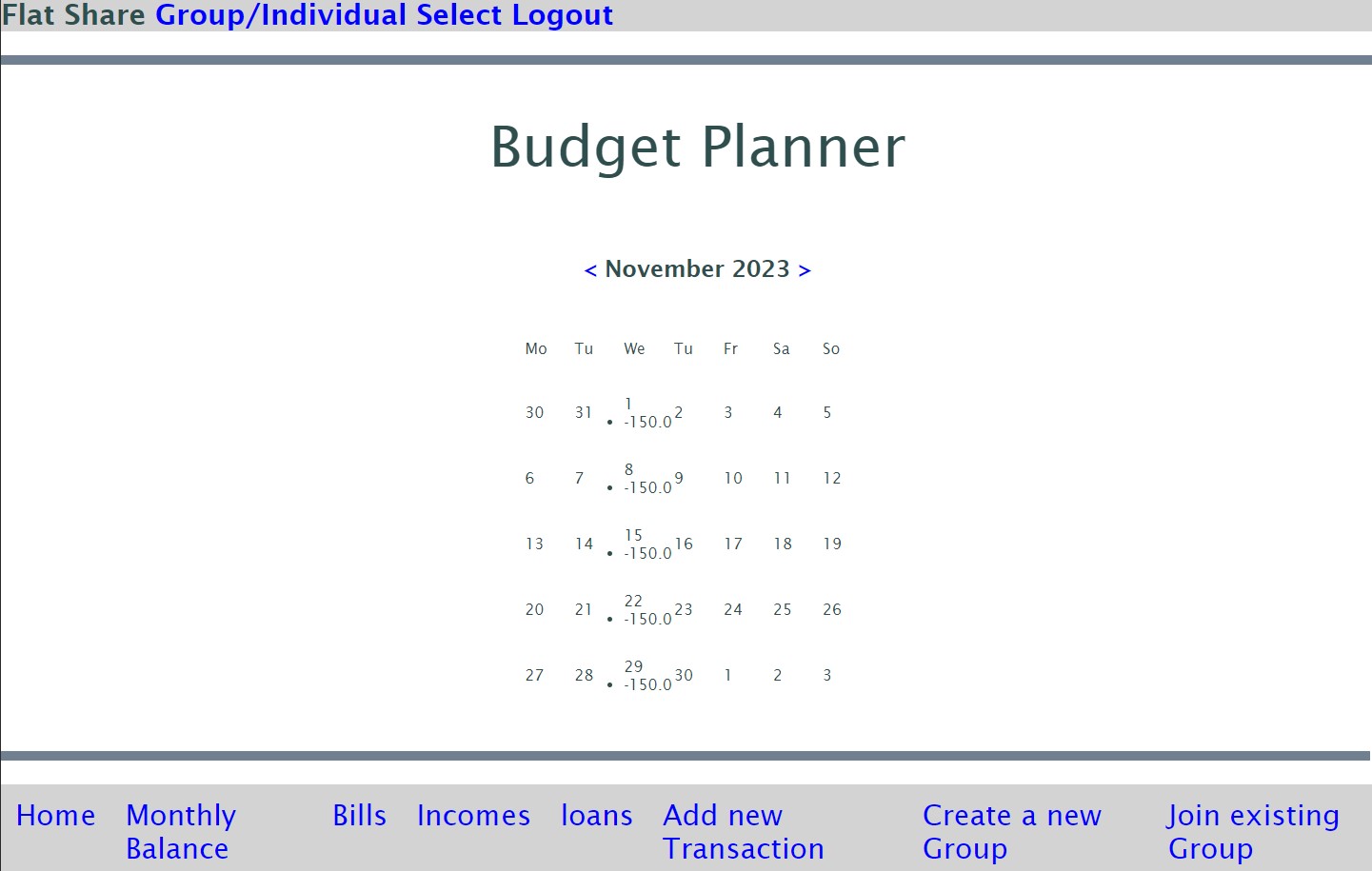 Budget App Group Calendar Screen